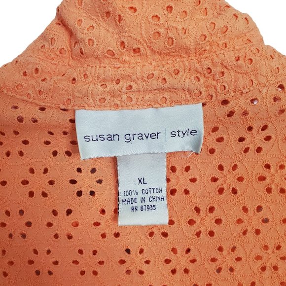 Susan Graver Size XL Blouse Cotton Eyelet Scalloped Hem Long Sleeve Orange - Picture 6 of 6